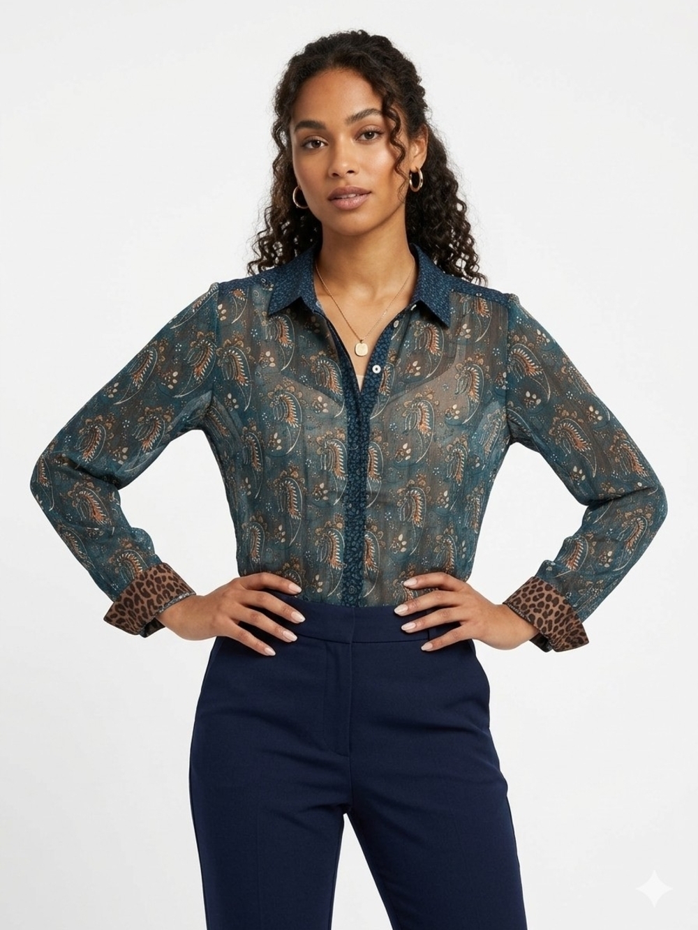 ESQUALO Sheer Paisley Button-Front Blouse  P2p21 L28 US12
